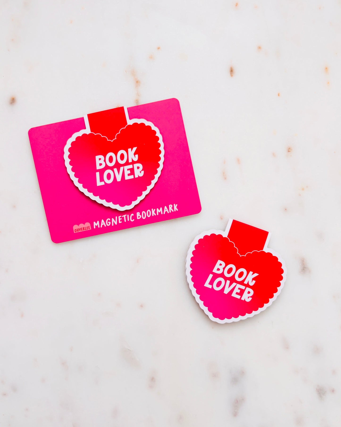 Book Lover Pink + Red Scallop Heart Magnetic Bookmark